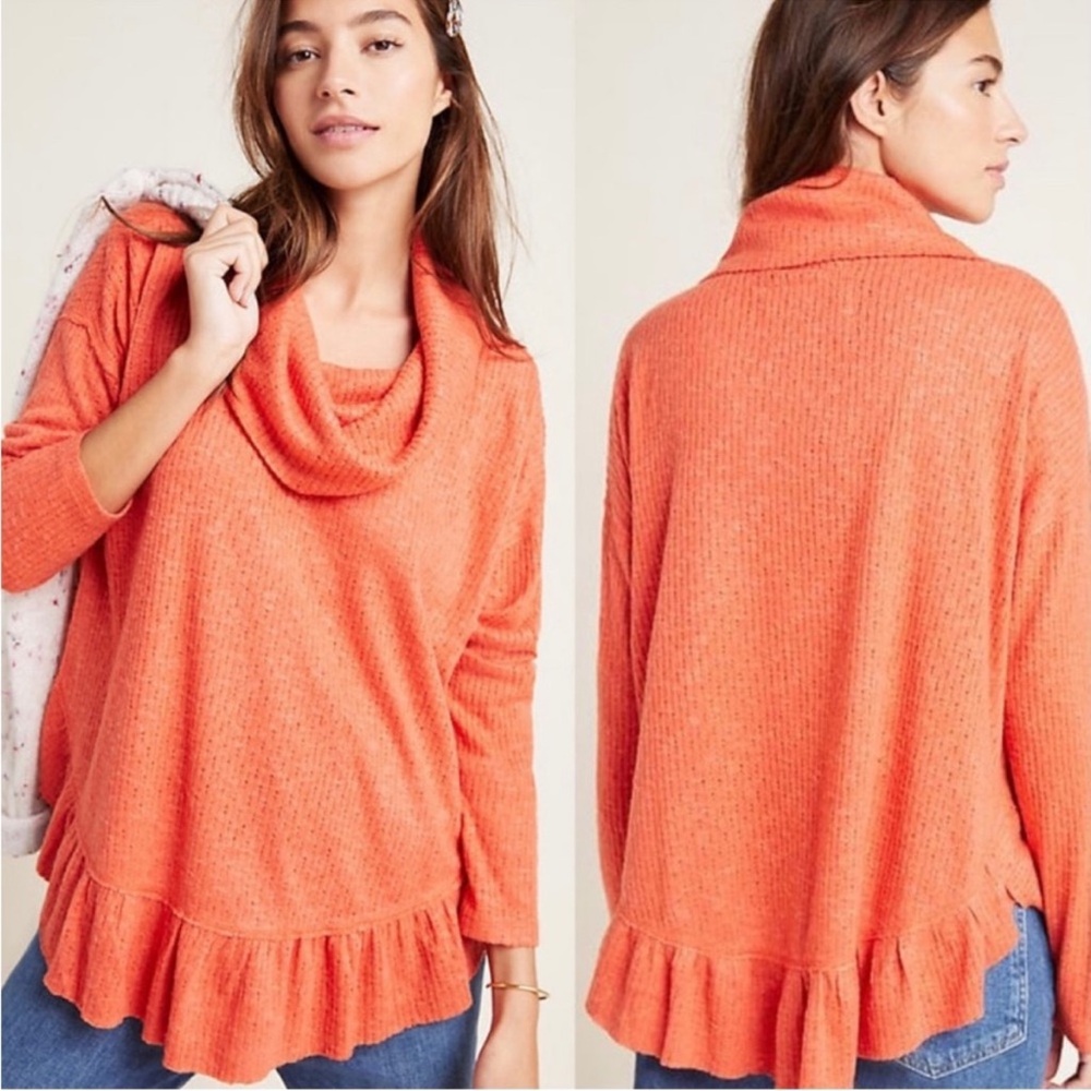 Anthropologie Maeve Addie Orange Ruffle Trim‎ Cowl Neck Top large